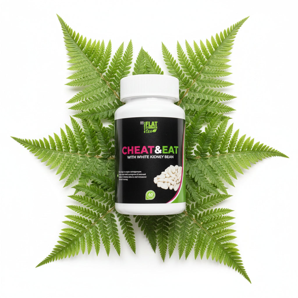 A white plastic bottle of Flat Earth Eco 'Cheat & Eat' supplement with white kidney beans, sitting on a dark gray reflective surface with a blue and black background.